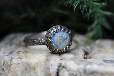 Opal Ring * Solid Sterling Silver Ring* Floral Band * Full Moon * 10mm Monarch Opal *  Any Size - image3